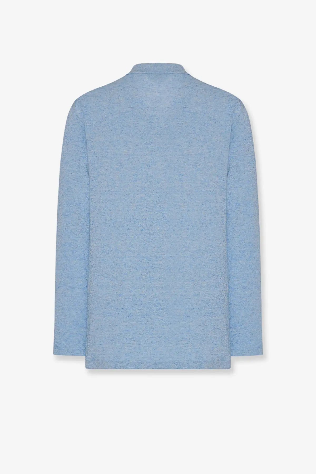 The Row women’s Niosa cotton and linen polo blue light blue heathered long-sleeved knit sweater with collar