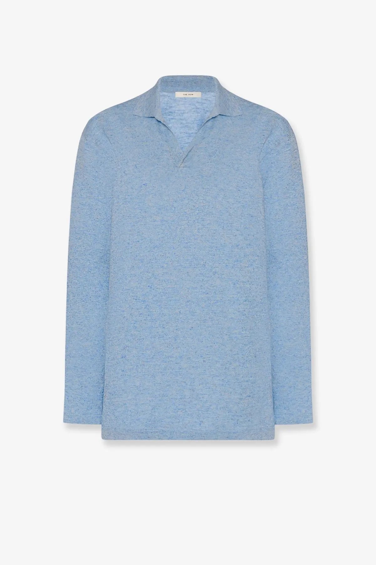 The Row women’s Niosa light blue long-sleeved cotton and linen polo shirt with subtle pattern and classic collar