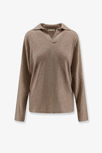 The row women’s niosa polo shirt in cotton and linen white with beige long sleeves and subtle textured knit collar
