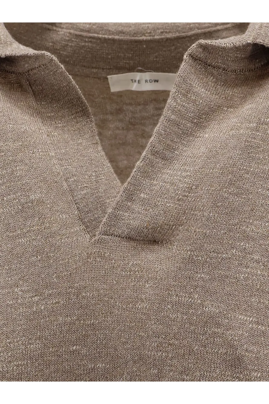 The row womens niosa polo shirt in cotton and linen white features a soft heathered taupe knit with textured weave