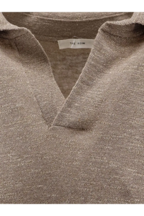 The row womens niosa polo shirt in cotton and linen white features a soft heathered taupe knit with textured weave