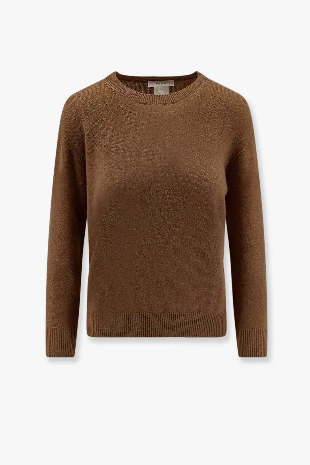 A soft camel-colored cashmere crew neck sweater with ribbed cuffs from the row womens noler collection beige