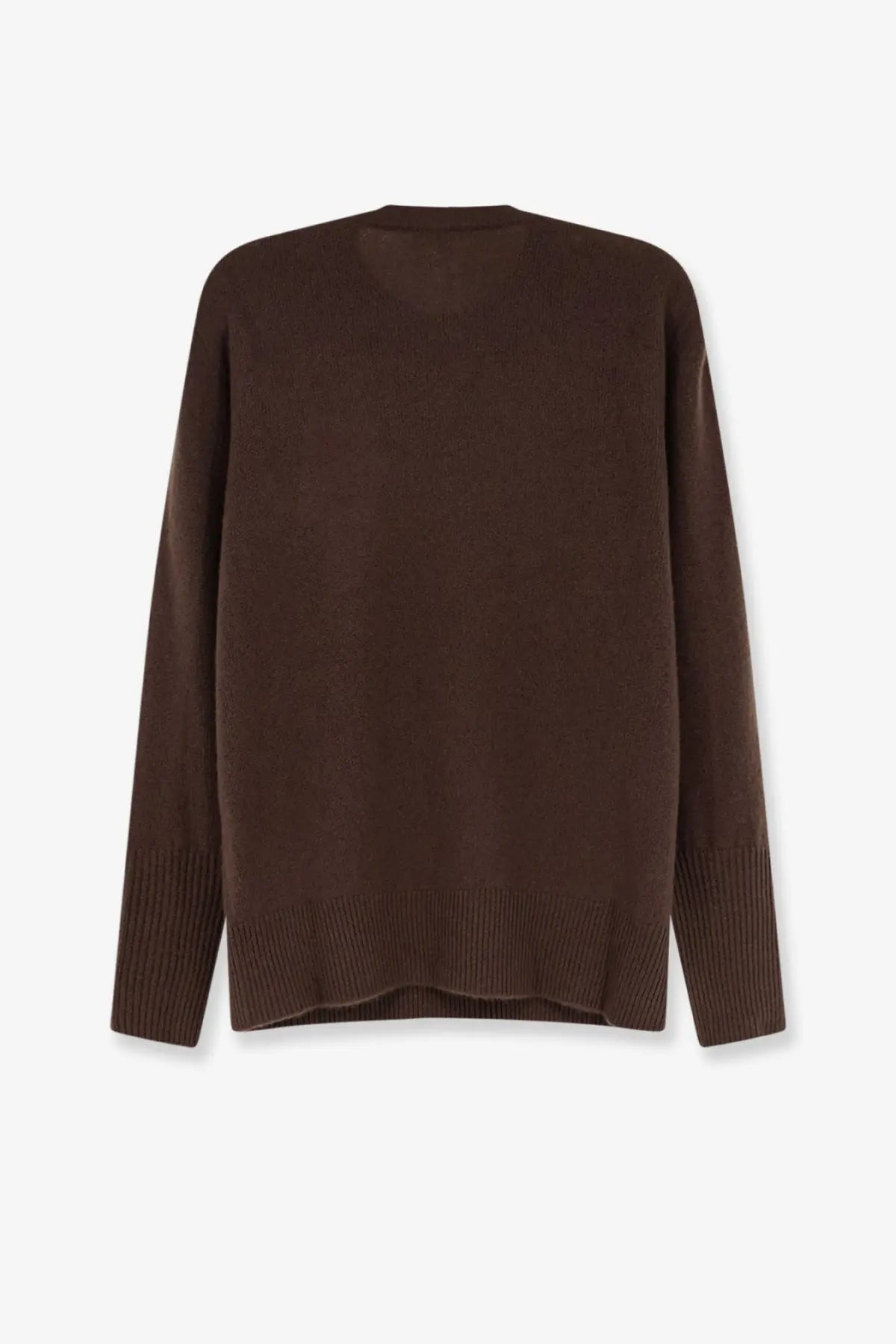 The row women’s odelle top cashmere sweater in deep brown knit with ribbed cuffs and hem