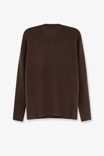 The row women’s odelle top cashmere sweater in deep brown knit with ribbed cuffs and hem