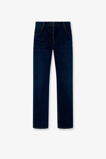 The Row women’s Riaco blue denim jeans feature dark indigo straight-leg cut with a classic five-pocket design