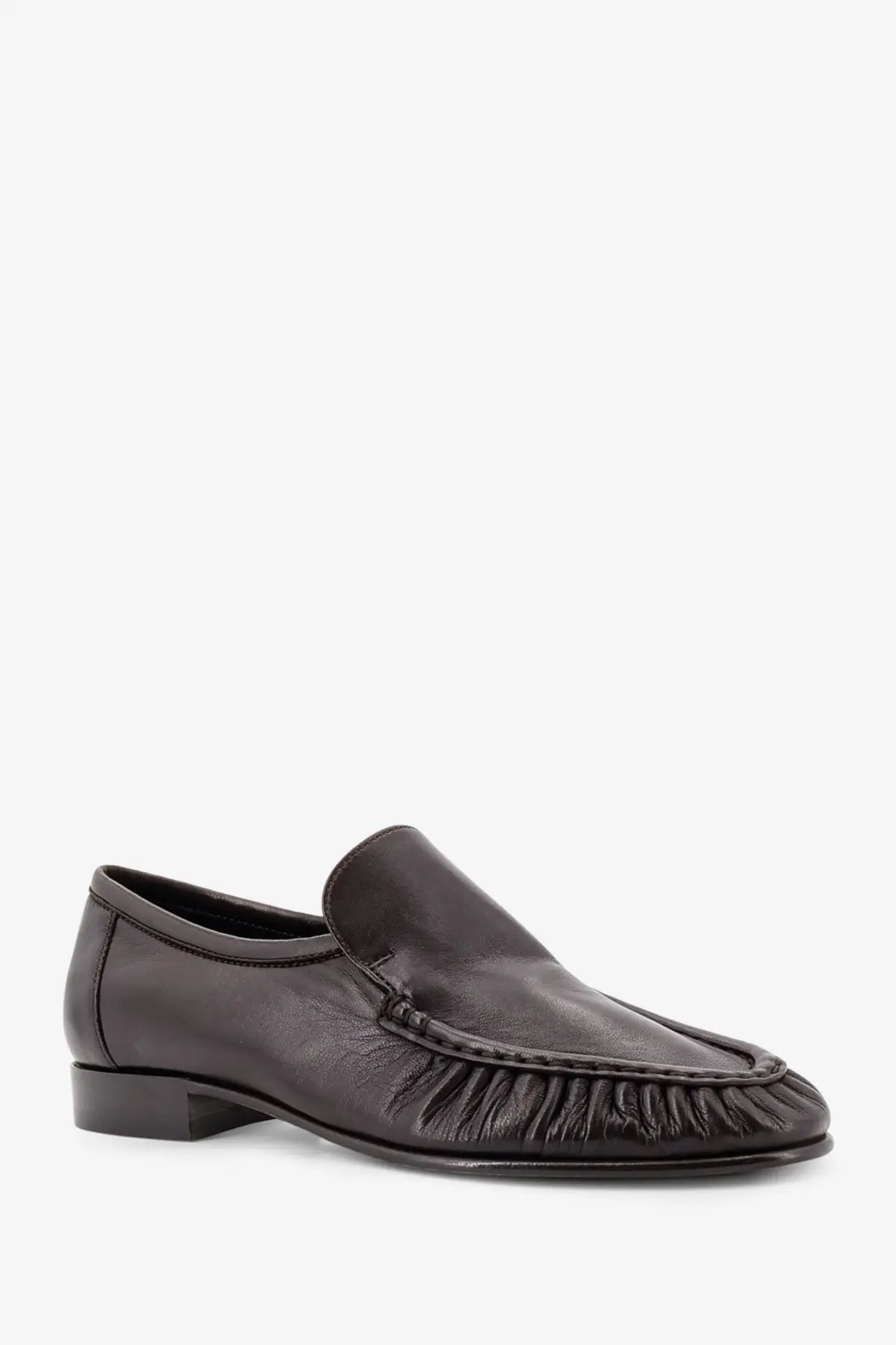 The Row women’s soft mocassin two black leather slip-on loafer with frayed ruffled detail along the toe