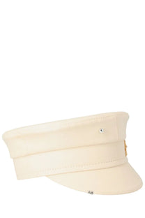 Cream-colored Ruslan Baginskiy women’s baker boy hat with a flat brim and subtle gold-toned embellishments