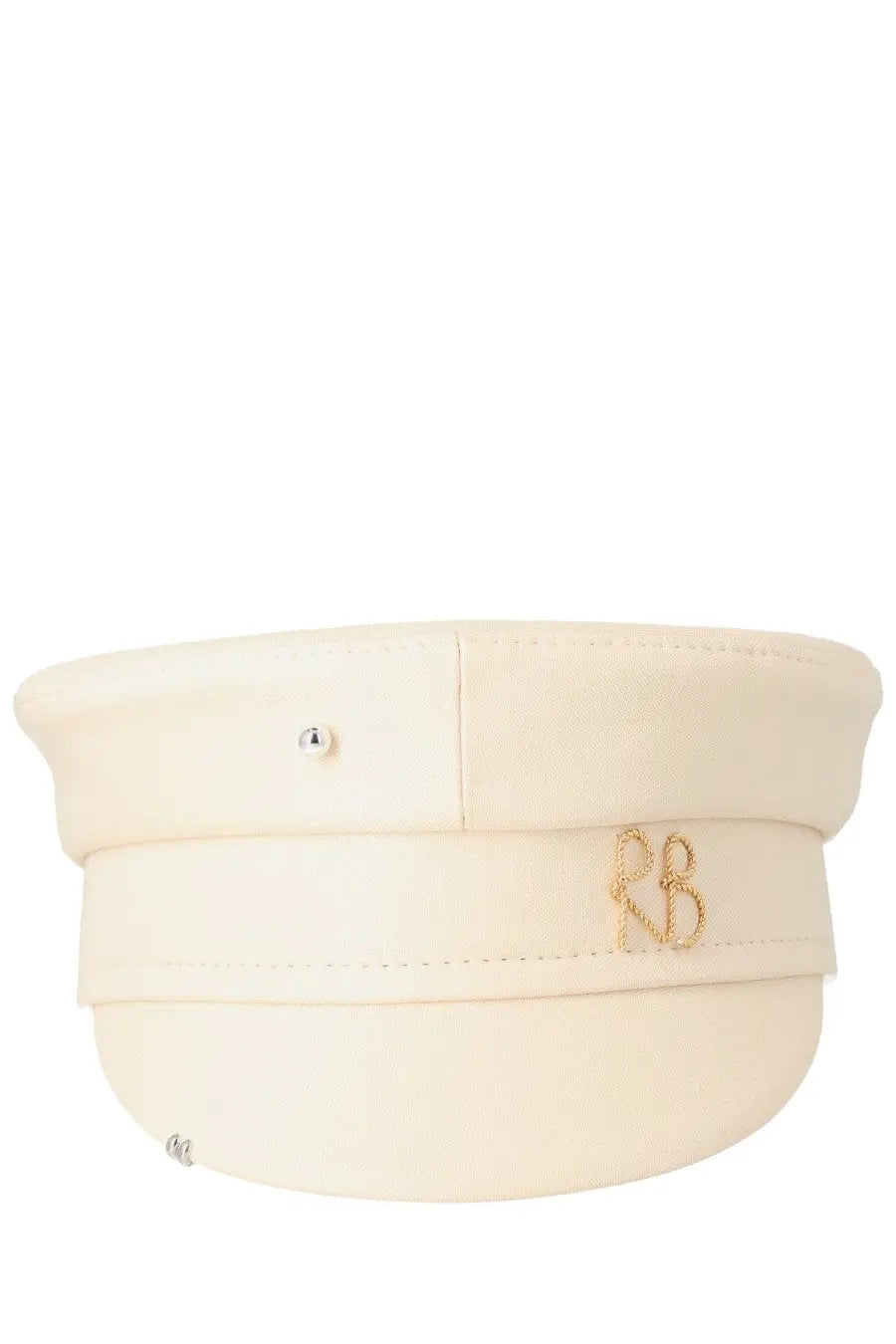 Ruslan Baginskiy women’s baker boy hat beige cream wool with gold embroidered rb logo and silver button accents