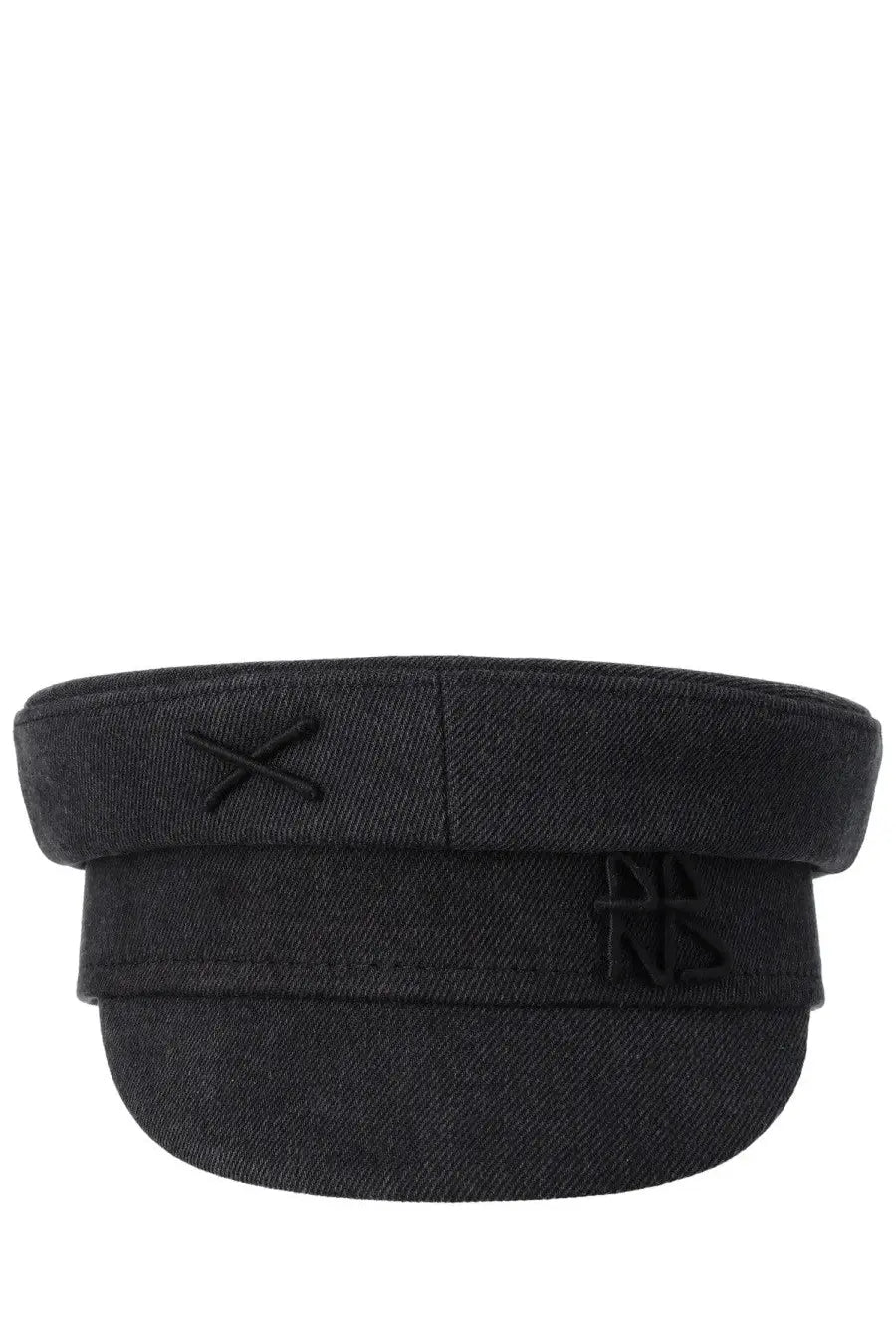 Ruslan Baginskiy women’s black woolen baker boy hat with subtle embroidered logo and cross detail