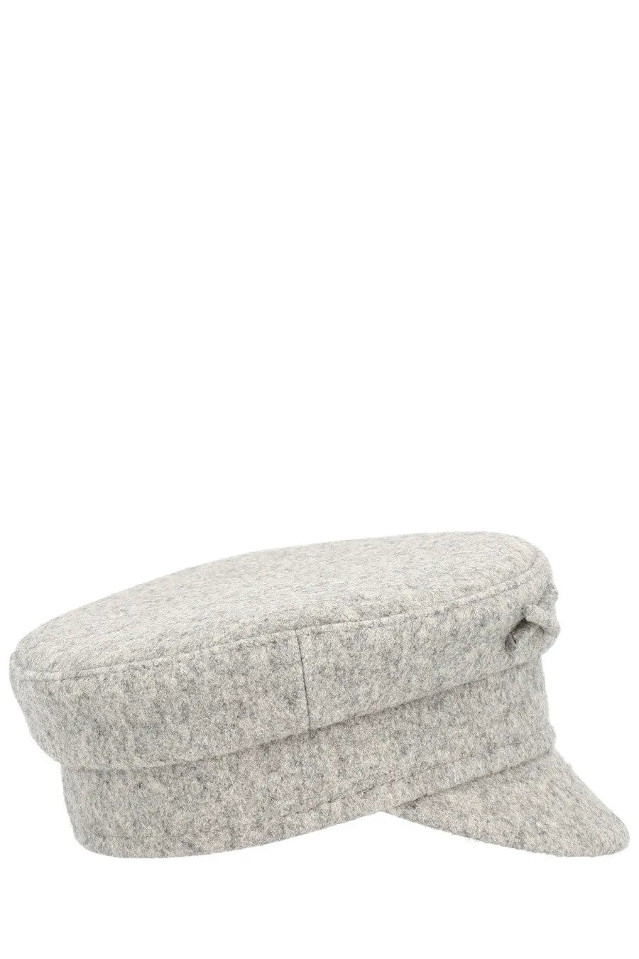 Ruslan Baginskiy women’s baker boy hat in grey textured wool with structured brim and small fabric tie on the side