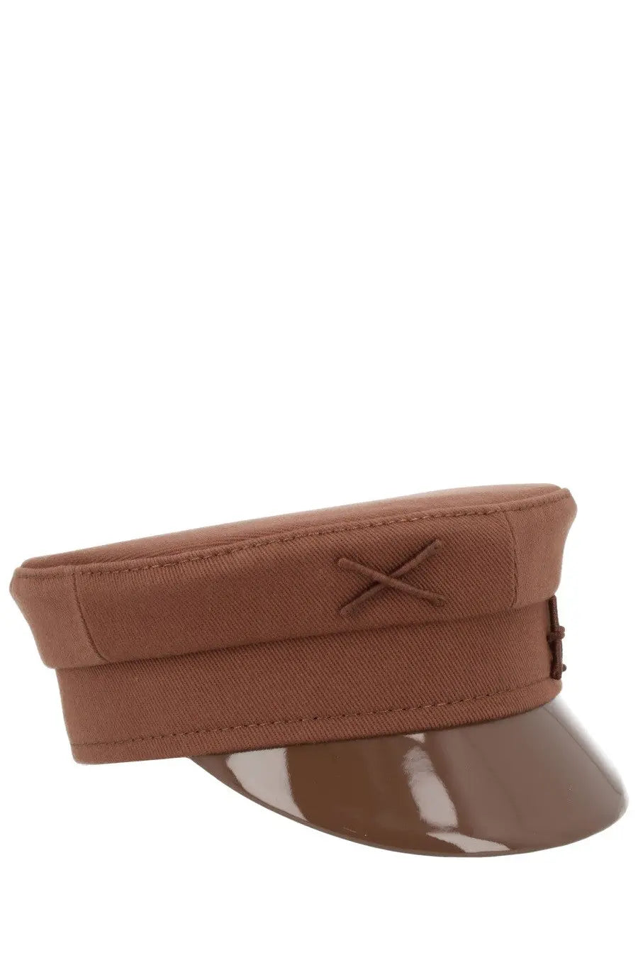 Ruslan Baginskiy women’s cappello baker boy brown fabric cap with glossy brown visor and crossed stitching detail
