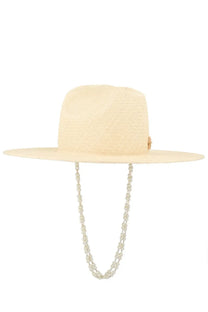 Beige straw fedora with wide brim and pearl chain by Ruslan Baginskiy women’s cappello da cowboy con white