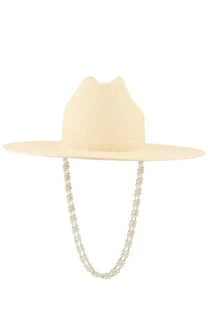 Cream-colored straw cappello da cowboy hat by Ruslan Baginskiy with wide brim cat-ear crown and pearl chain detailing