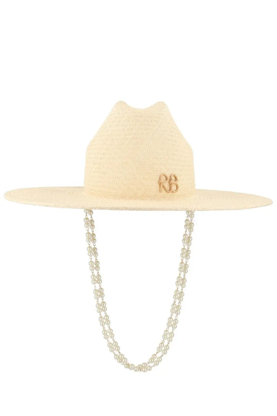 Ruslan Baginskiy women’s cream straw cappello da cowboy with wide brim embroidered rb logo and pearl chain detail