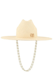 Ruslan Baginskiy women’s cream straw cappello da cowboy with wide brim embroidered rb logo and pearl chain detail