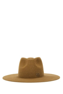 Tan felt fedora hat with subtle embroidered logo on the side from Ruslan Baginskiy women’s beige hat collection