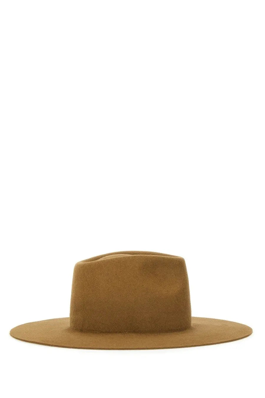 Ruslan Baginskiy women’s tan felt fedora hat with wide brim and structured crown in beige color