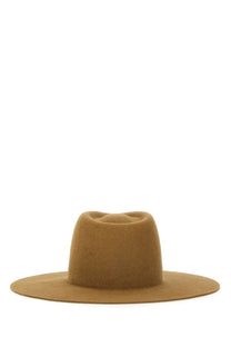 Ruslan Baginskiy women’s tan felt fedora with a wide brim and softly creased crown in beige