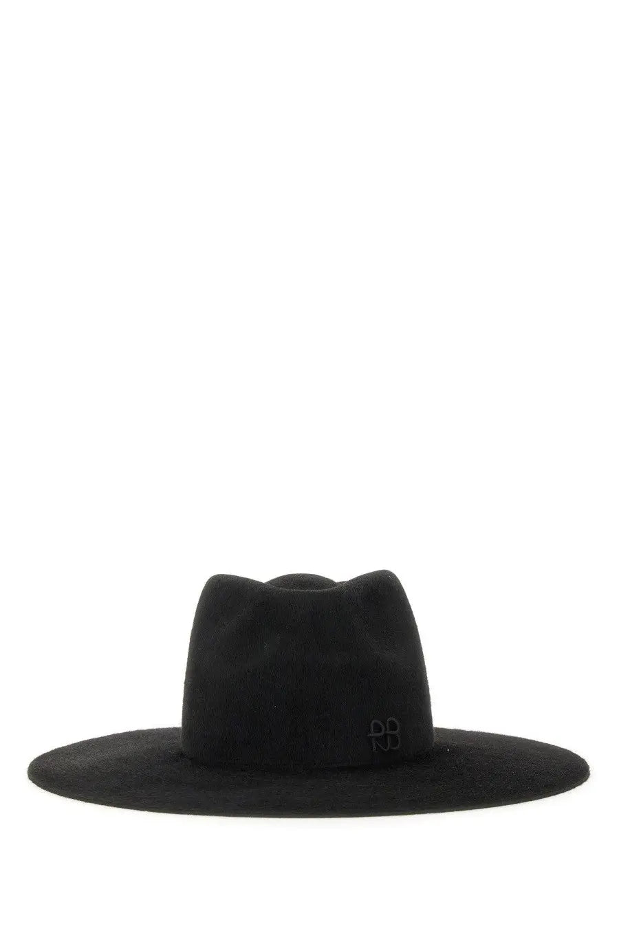Black felt fedora with wide brim and subtle embroidered logo on the side from ruslan baginskiy women’s hat black collection
