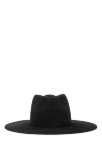 Black felt fedora with wide brim and subtle embroidered logo on the side from ruslan baginskiy women’s hat black collection
