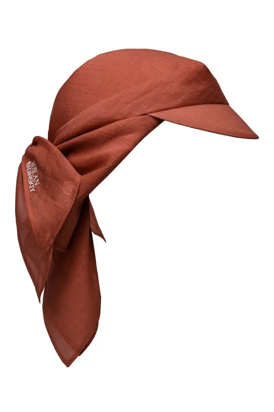 Ruslan Baginskiy women’s rust-colored linen headscarf with structured cap shape and side tied bow for stylish wear