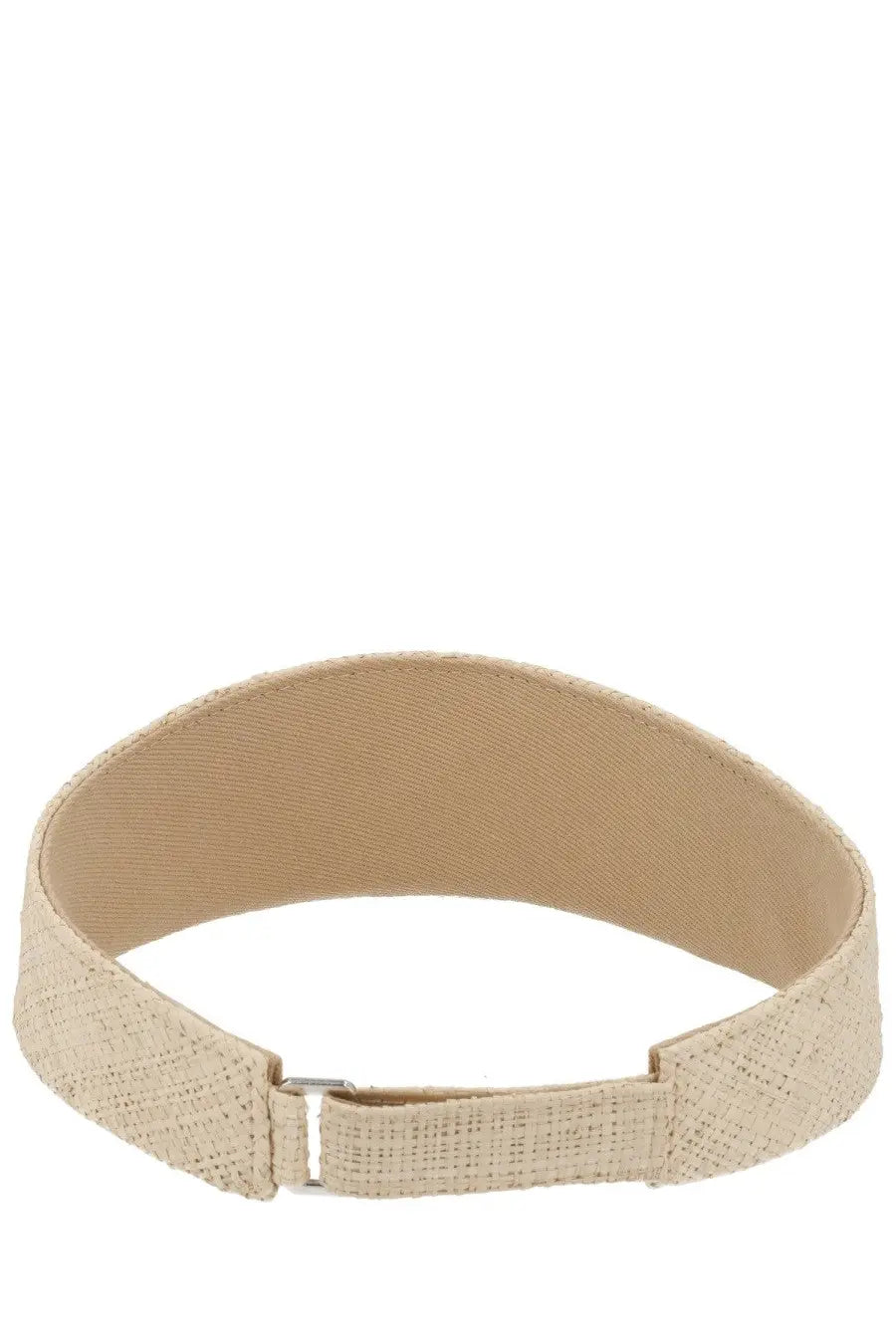 Beige woven fabric belt with silver toned buckle complementing ruslan baginskiy women’s visiera in paglia white