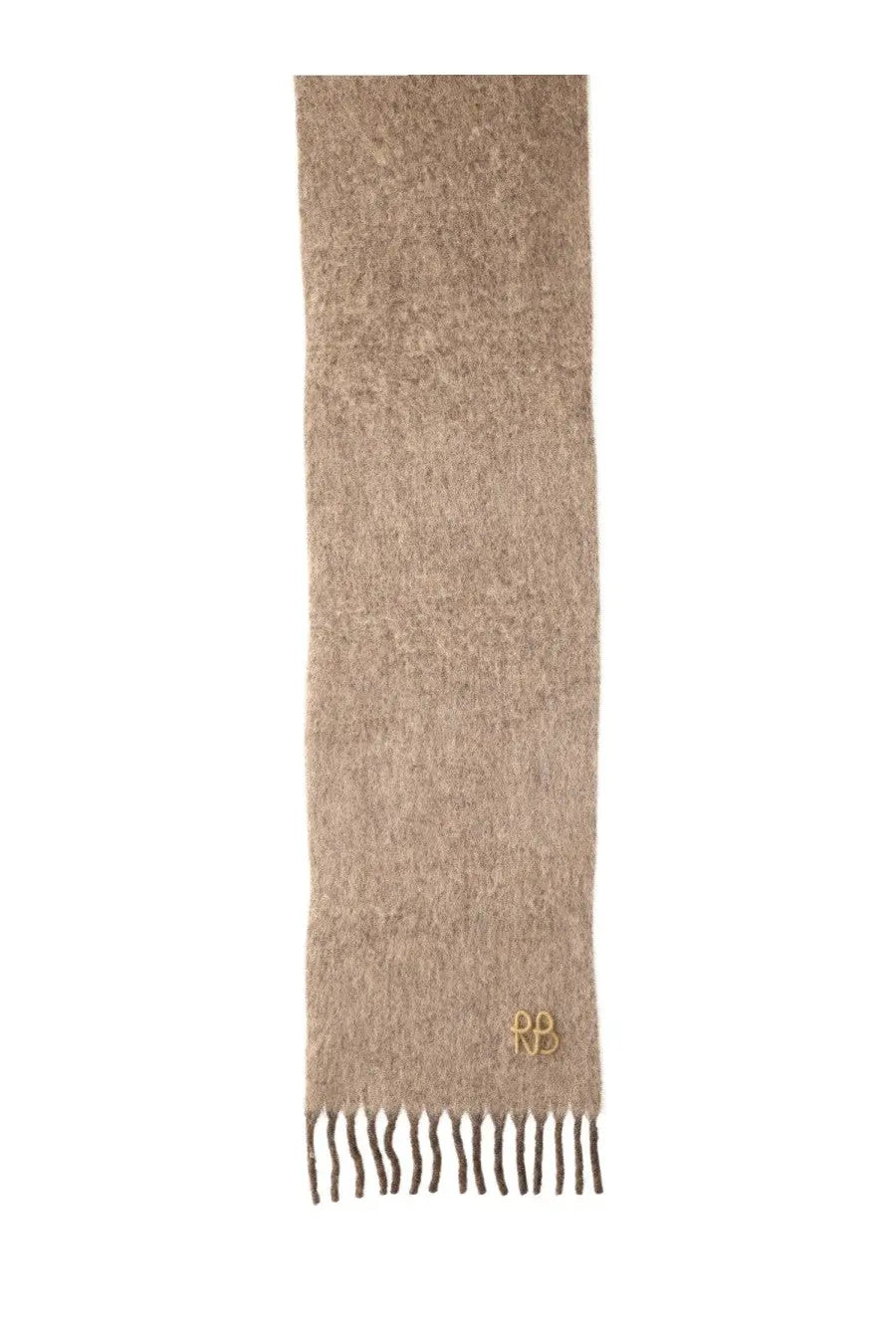 Ruslan Baginskiy women’s wool scarf in soft beige with subtle textured weave, delicate fringe, and gold embroidered rb logo