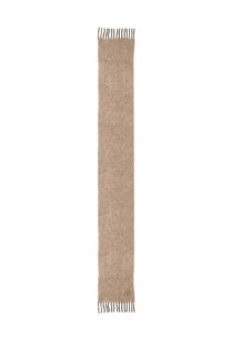 Beige textured wool knit scarf with fringed ends and small embroidered logo by ruslan baginskiy