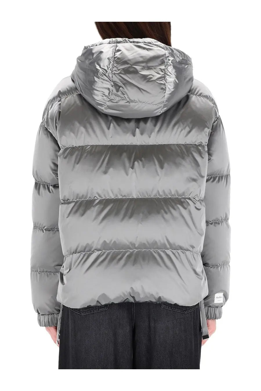 Silver metallic puffer jacket with quilted design and hood made of anti drip satin by s max mara women’s