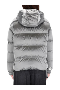 Silver metallic puffer jacket with quilted design and hood made of anti drip satin by s max mara women’s