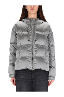 S max mara women’s silver metallic satin quilted puffer jacket with hood and anti drip finish