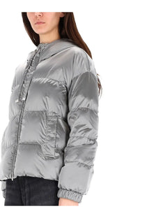 S Max Mara women’s silver metallic puffer jacket with quilted satin design and elastic cuffs