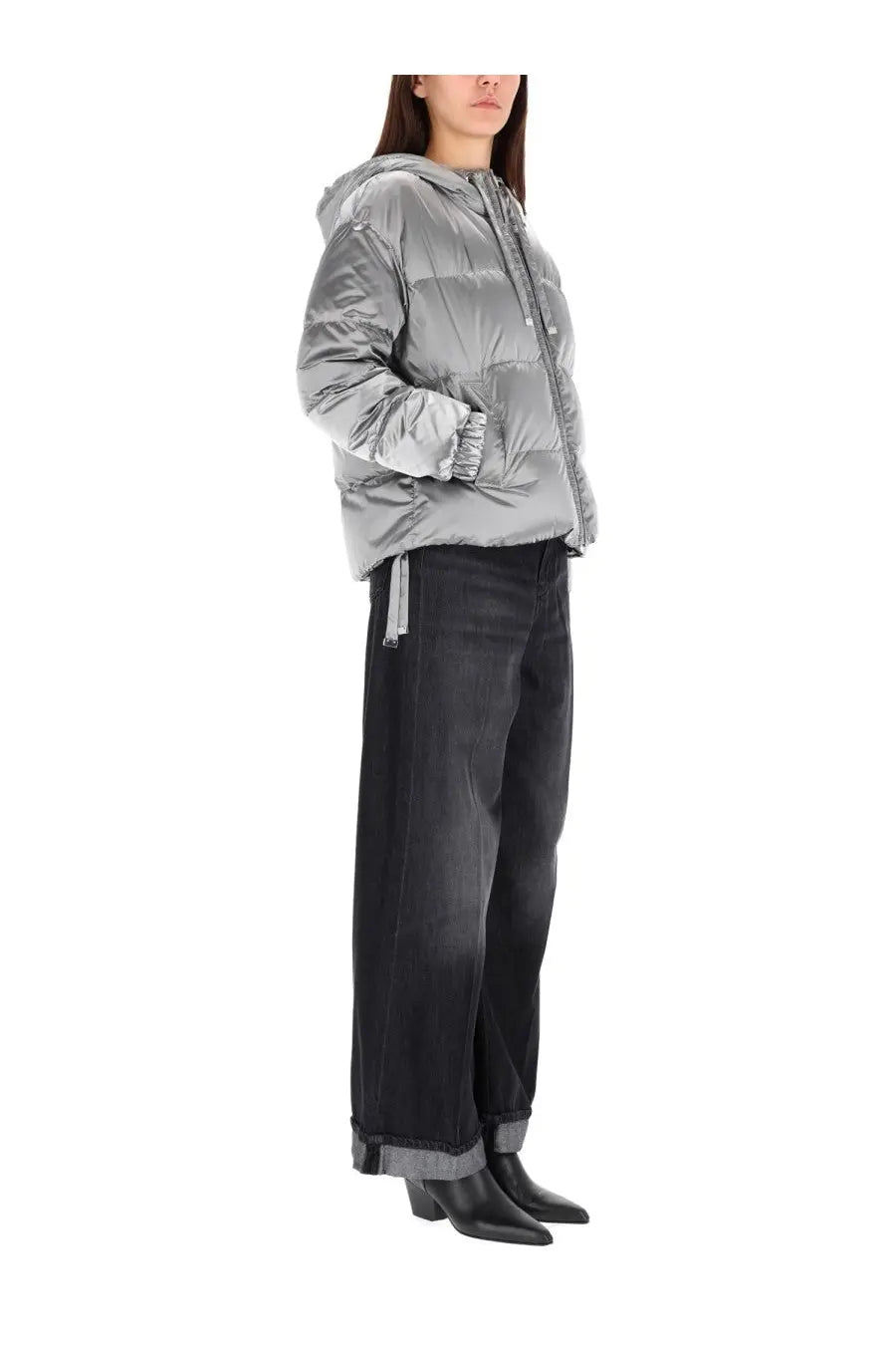 Silver puffer jacket with a hood and quilted anti drip satin design for women by s max mara