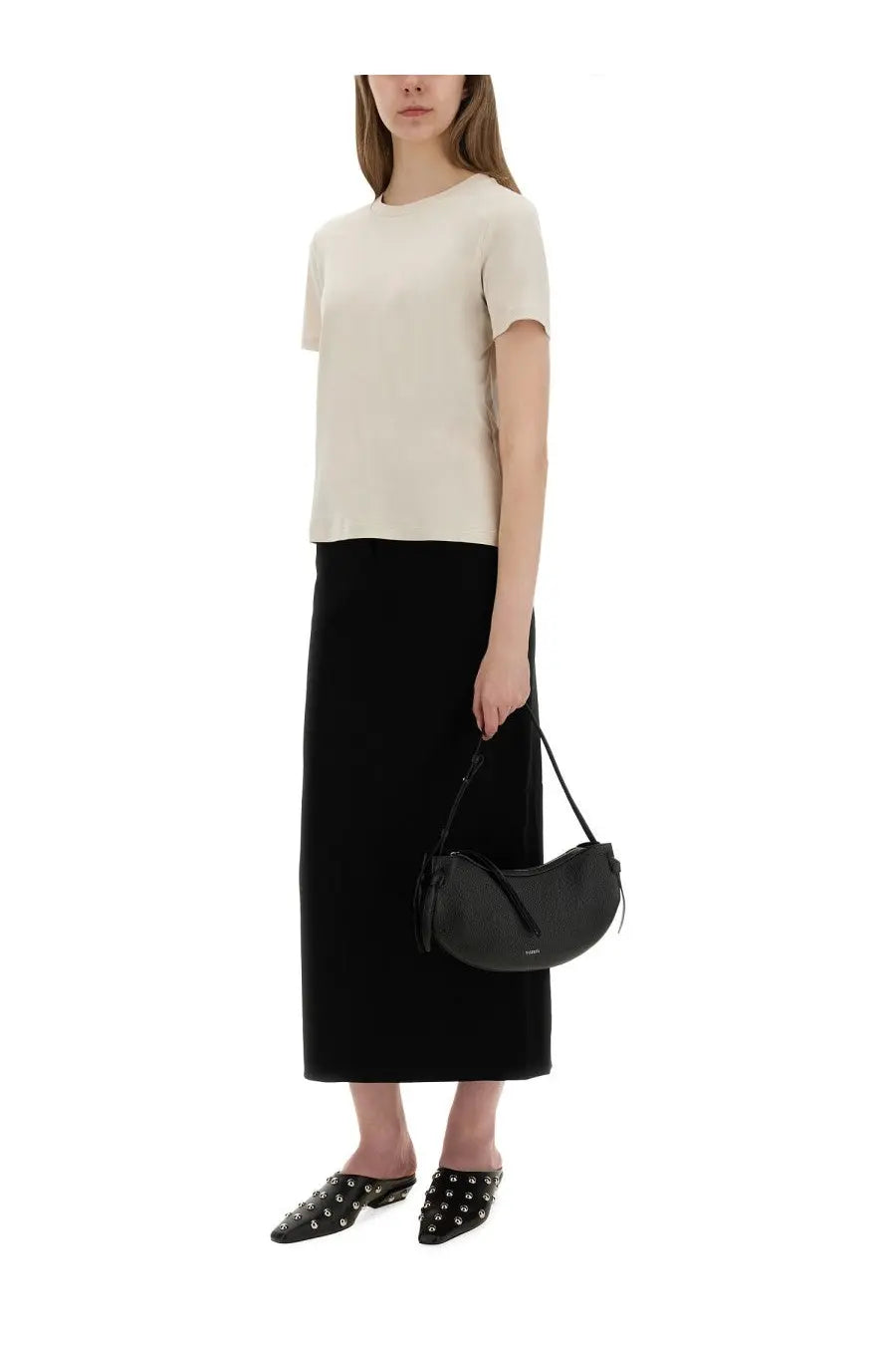 Black crescent-shaped leather handbag with minimalist design and subtle logo paired with s max mara beige bud shirt