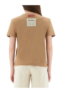 S Max Mara women’s Bud shirt beige short-sleeved t-shirt with white label and red keep dreaming tag at neckline