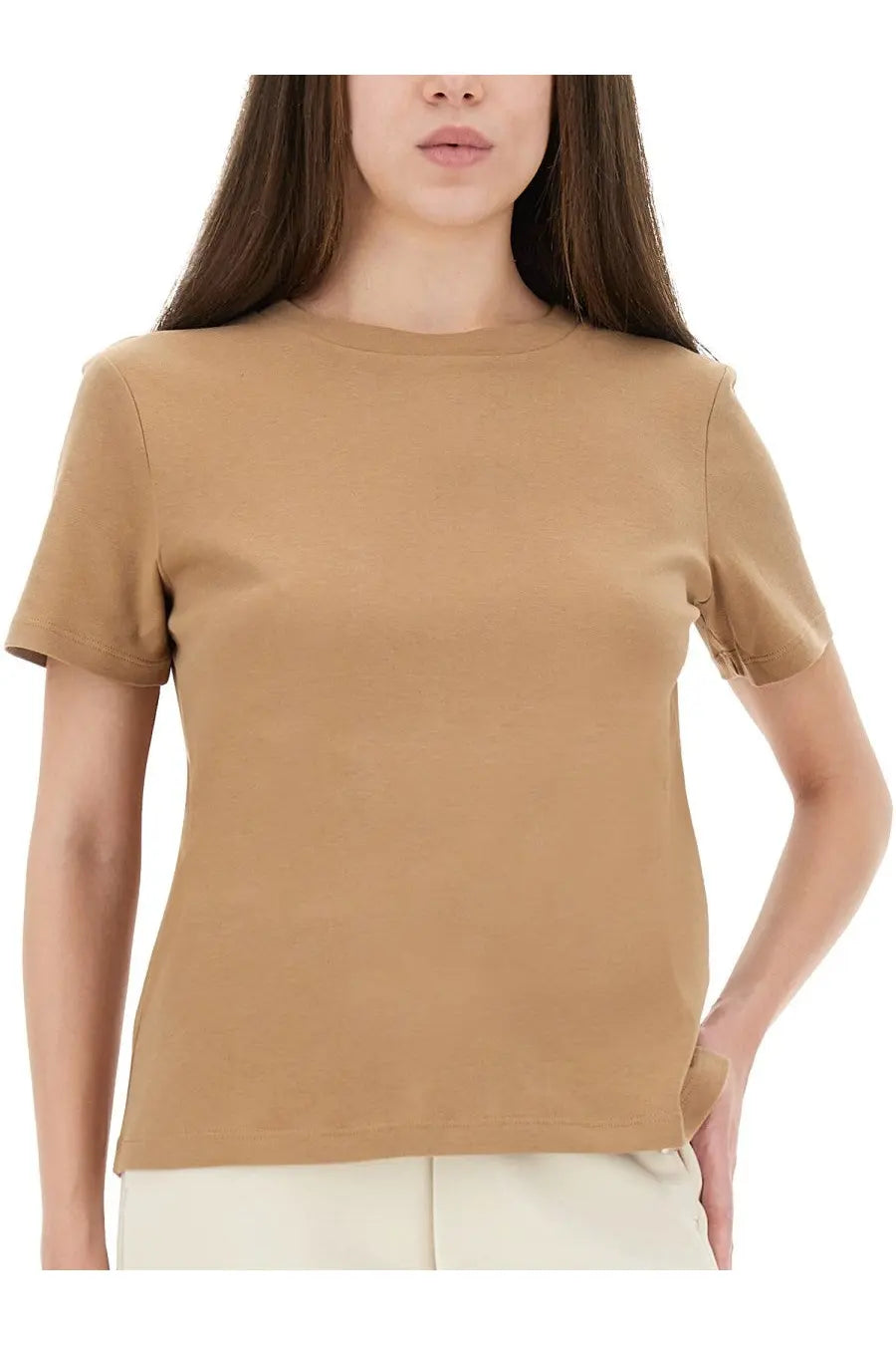 S Max Mara women’s Bud shirt beige short-sleeved camel-colored t-shirt with round neckline and side slits