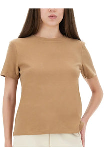 S Max Mara women’s Bud shirt beige short-sleeved camel-colored t-shirt with round neckline and side slits