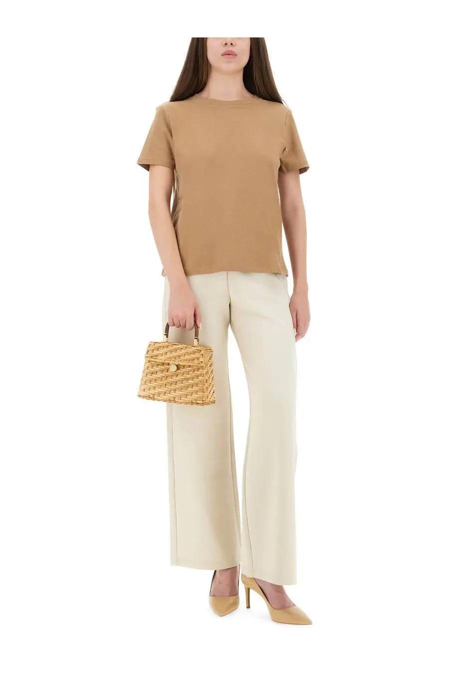 A woven wicker handbag with a structured rectangular shape and gold tone hardware in beige by s max mara