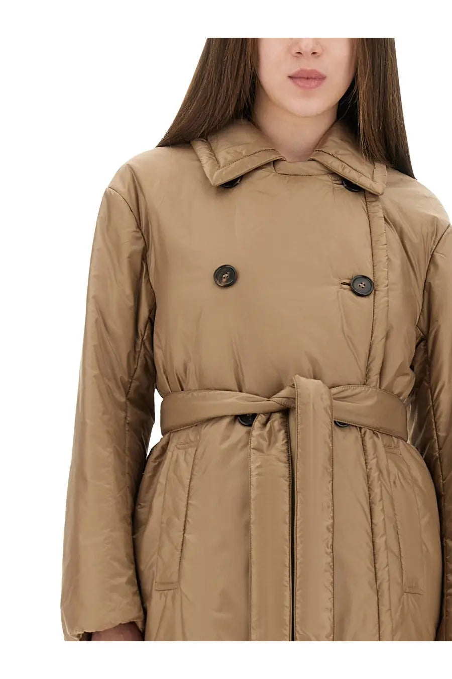 S Max Mara women’s calla padded trench coat in beige with quilted design black buttons and matching belt