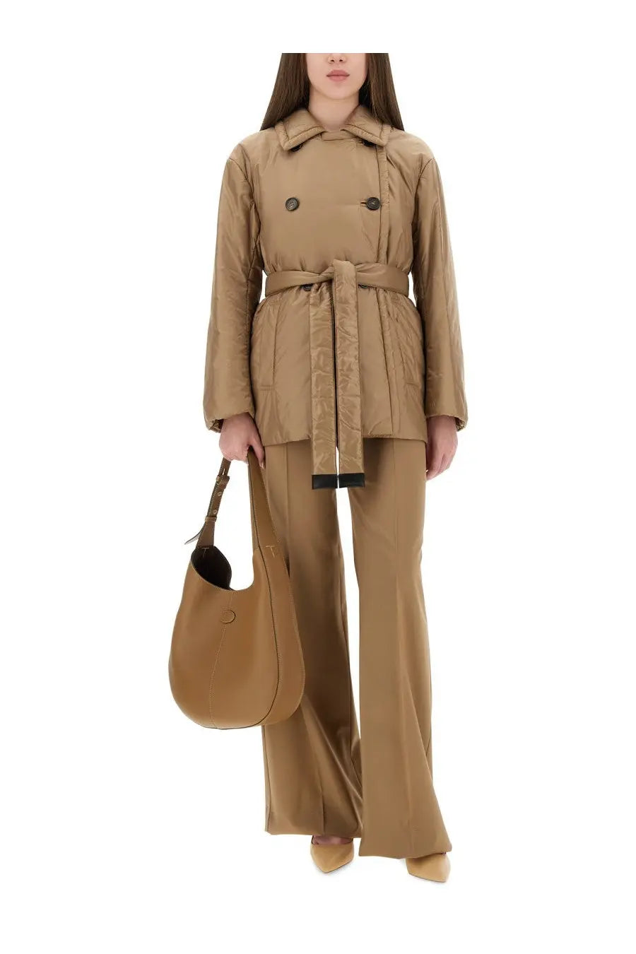 Tan leather hobo bag with single top handle and circular logo detail complementing s max mara beige trench coat