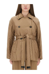 S Max Mara women’s Calla padded trench coat in beige tan quilted fabric with belted waist and dark buttons