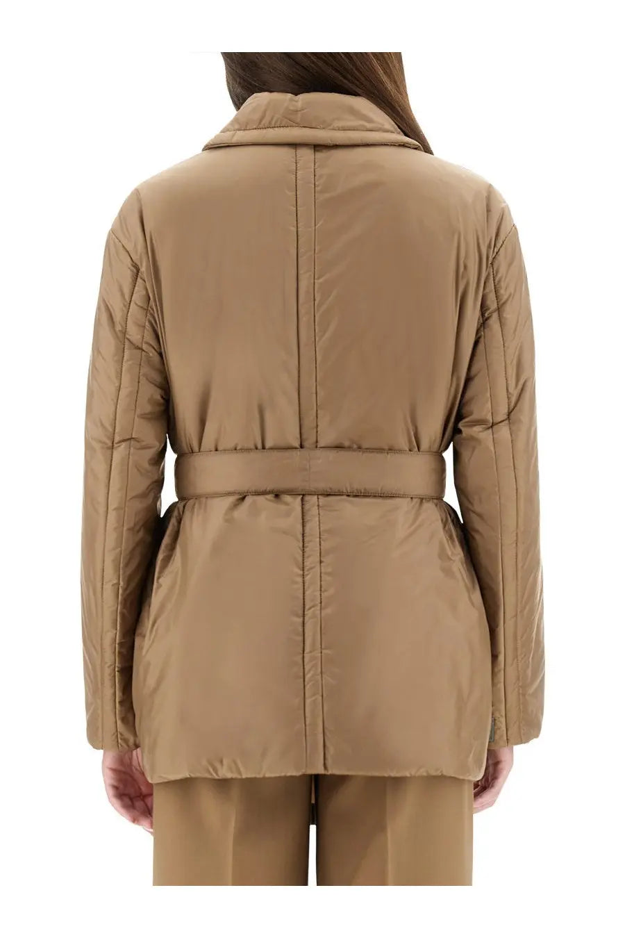 S Max Mara women’s calla padded trench coat beige tan quilted belted with structured collar and smooth fabric