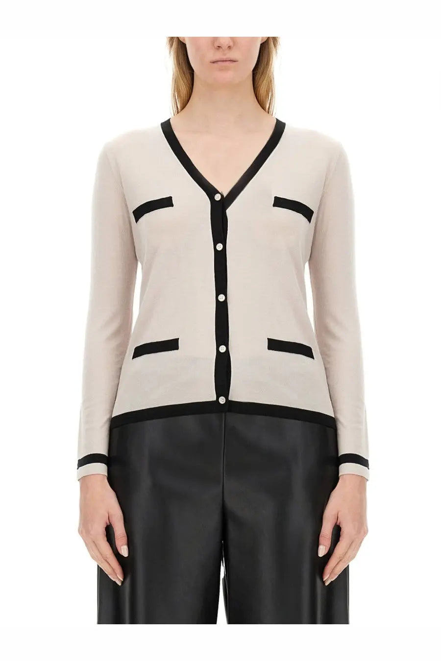 S Max Mara women’s beige long-sleeved cardigan kenya pink with black trim and button closure