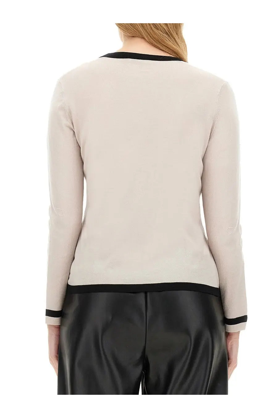 Beige long-sleeved knit cardigan with black trim at neckline hem and cuffs from s max mara women kenya pink collection