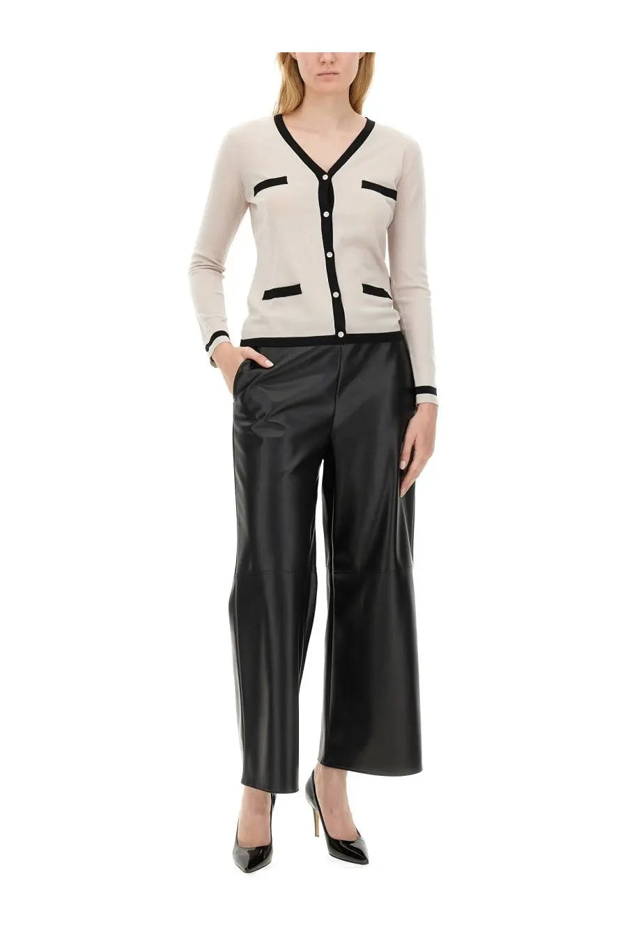 S Max Mara women’s cream-colored knit cardigan with black trim and button closure from the Kenya Pink collection