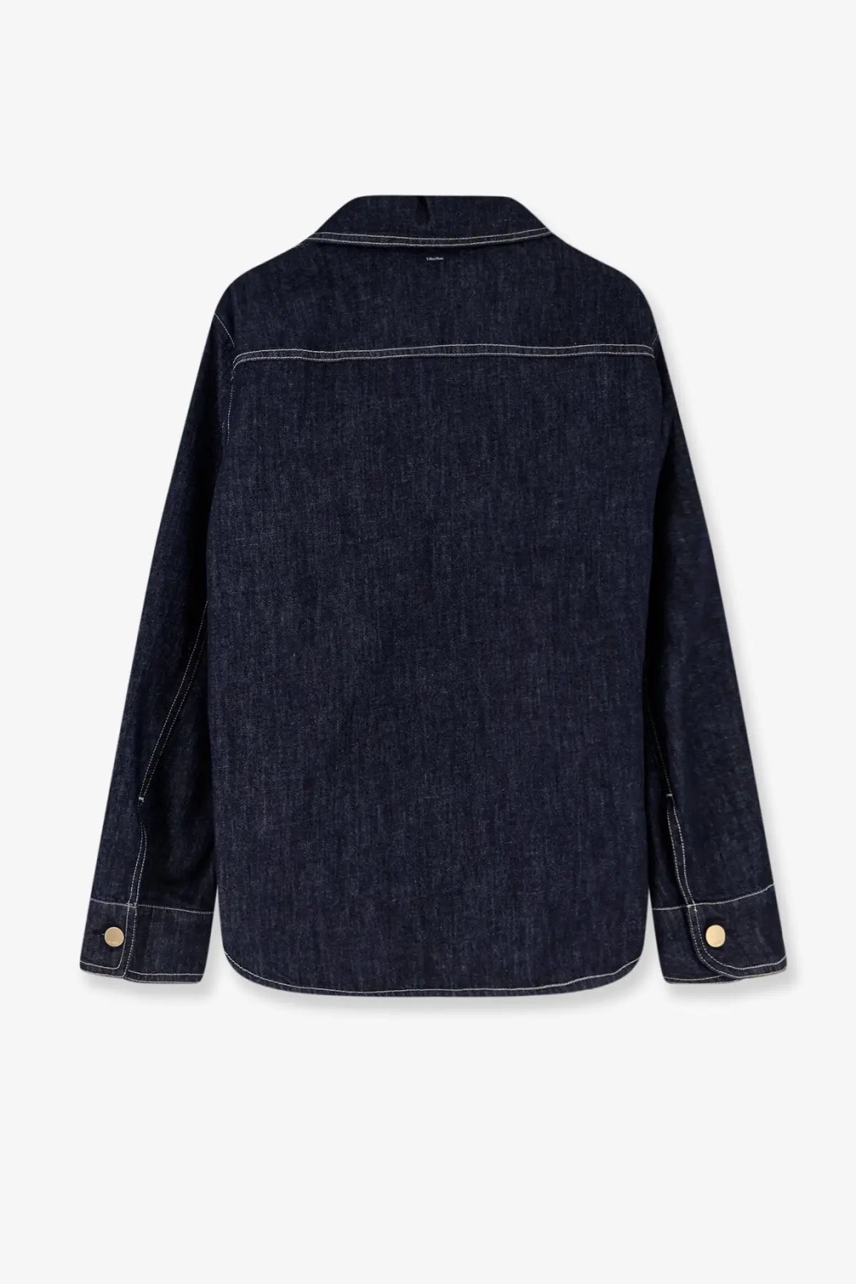 S max mara women’s denim shirt blue featuring dark blue denim with white stitching and gold-tone button cuffs