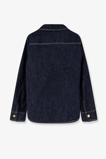 S max mara women’s denim shirt blue featuring dark blue denim with white stitching and gold-tone button cuffs