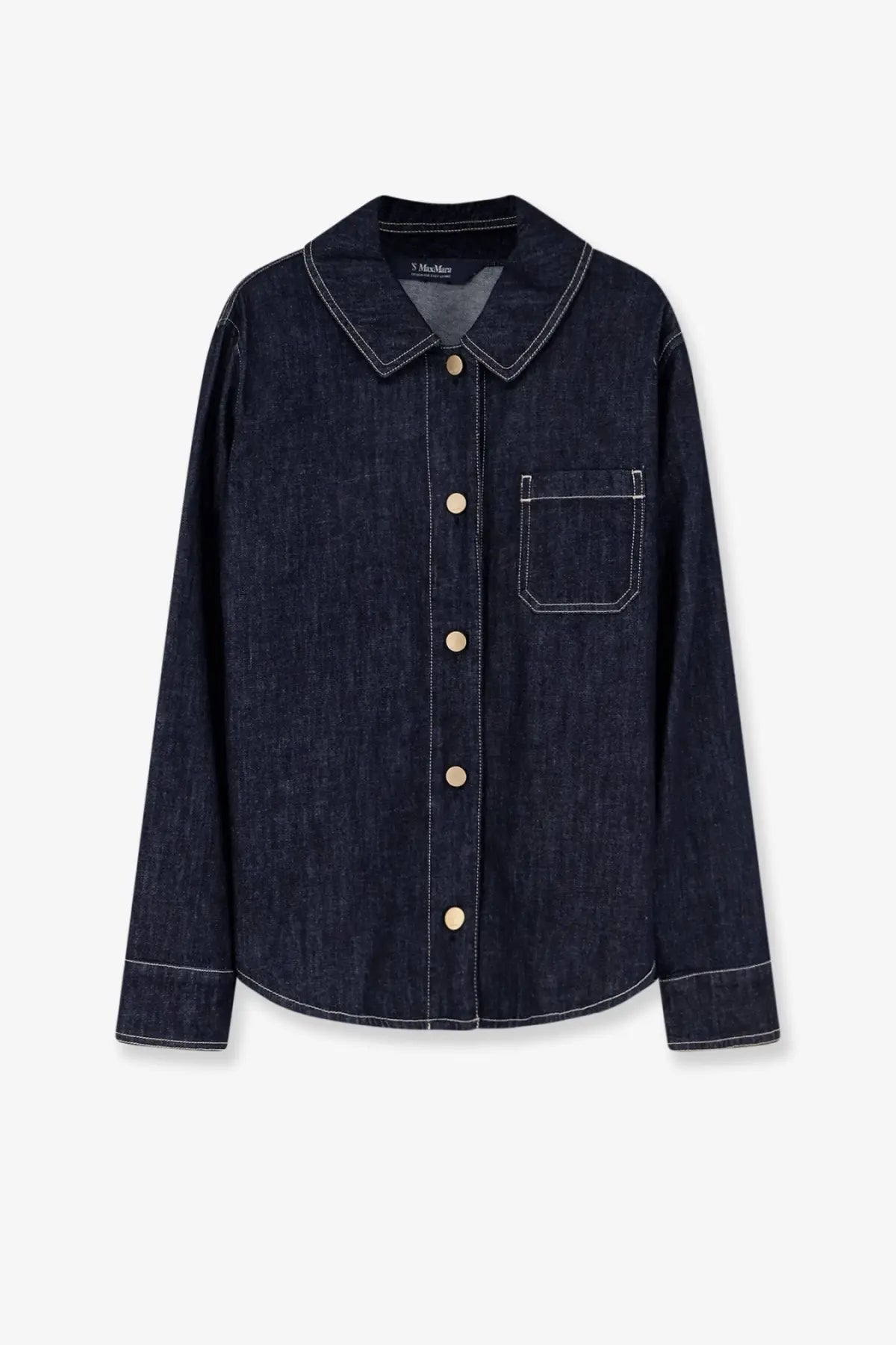 S max mara women’s dark blue denim shirt with contrasting white stitching and light-colored buttons