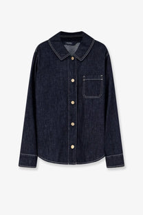 S max mara women’s dark blue denim shirt with contrasting white stitching and light-colored buttons