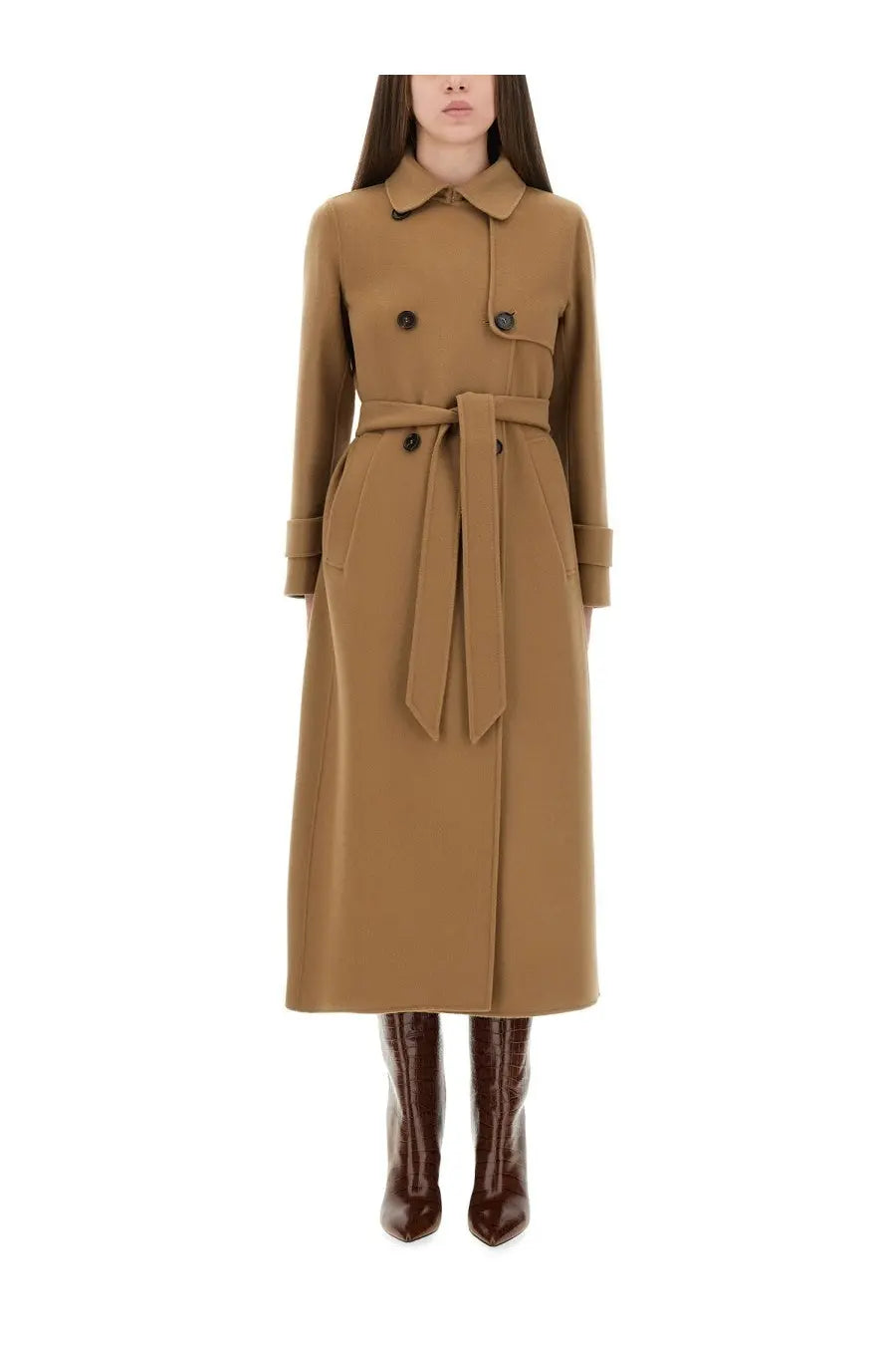 A camel-colored wool double-breasted coat with belted waist and classic collar by S Max Mara in sem beige